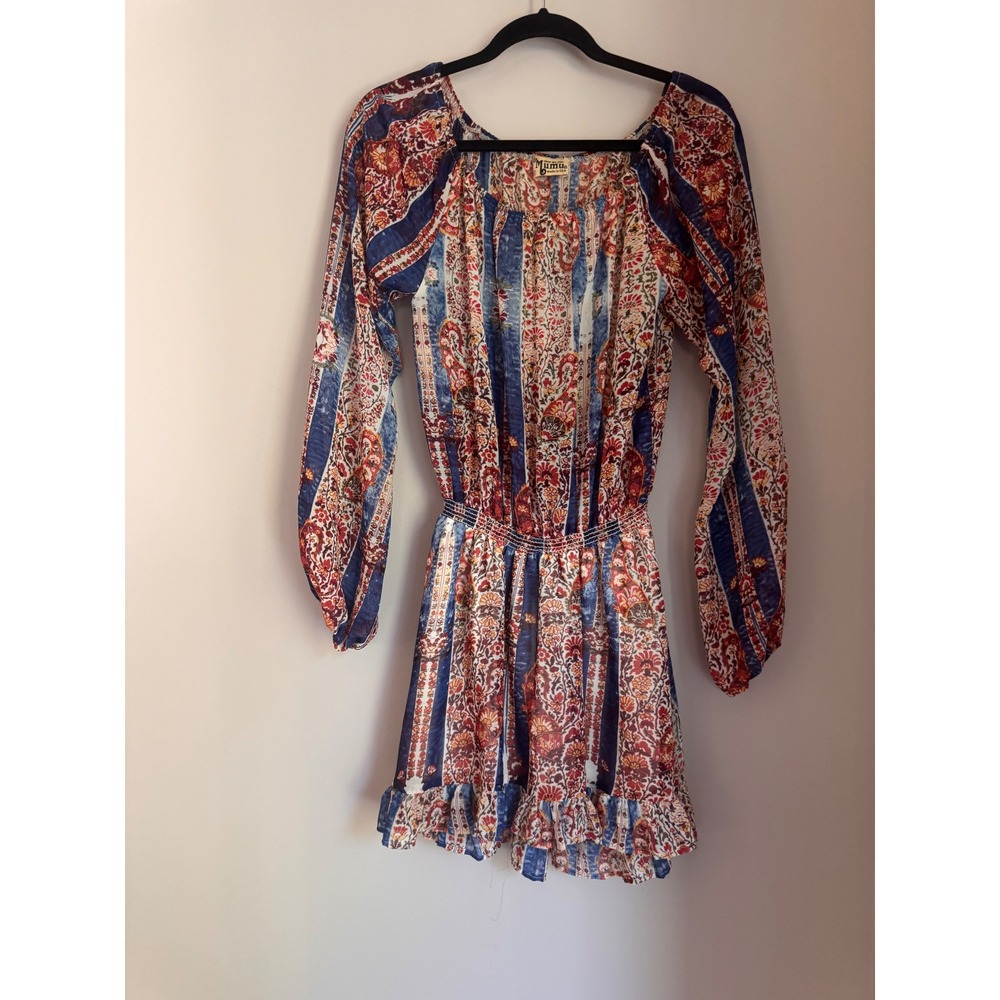 Show Me Your Mumu Womens Paisley Floral Smocked Mini Dress Blue Red Small USA